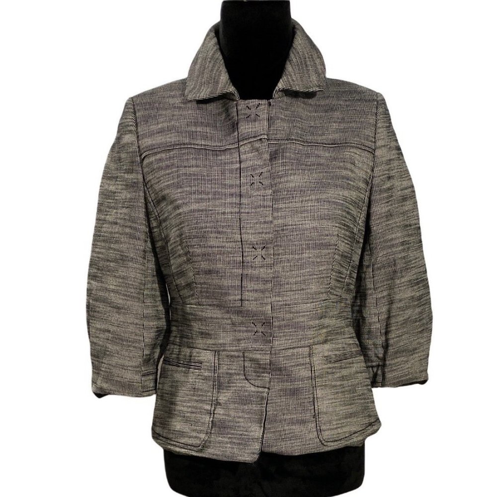 Ann Taylor 4 Blazer Jacket Black White Woven Tweed 3/4 Sl‎ Front Snaps Career